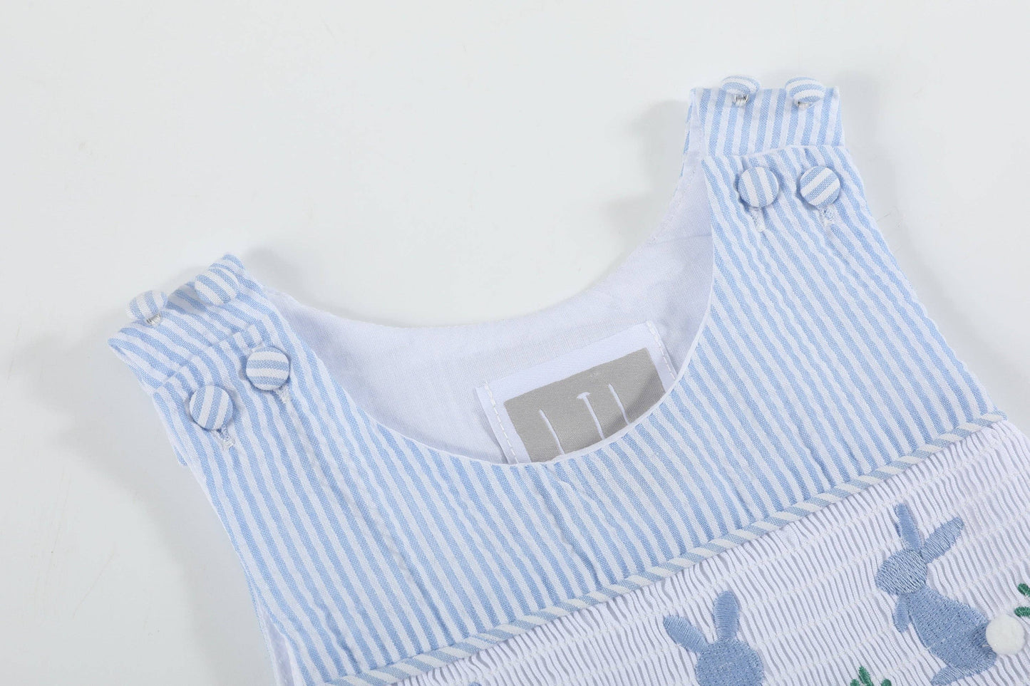 Light Blue Seersucker Easter Bunny Boys Smocked Overalls
