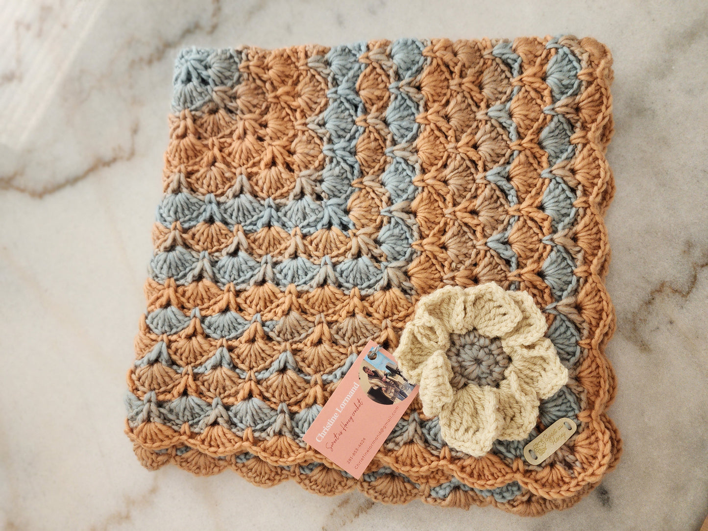 Baby Crocheted Blanket- Girls Blue & Orange w/ Flower
