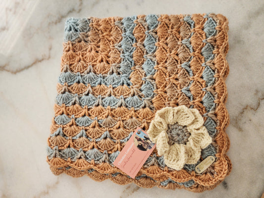 Baby Crocheted Blanket- Girls Blue & Orange w/ Flower
