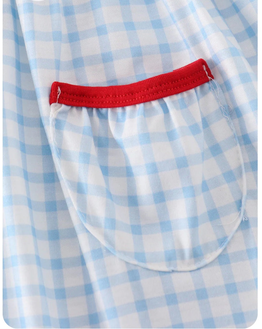 Patriotic Flag Embroidered Plaid Pocketed Girls Dress