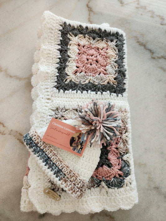 Baby Crocheted Blanket w/ Hat- Girls White & Pink