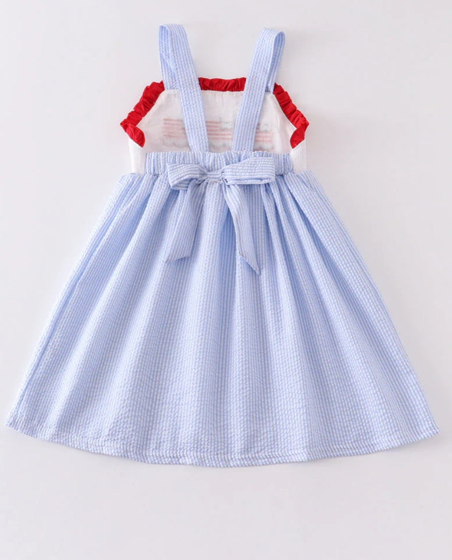 Girls Patriotic Embroidered Flag Seersucker Dress
