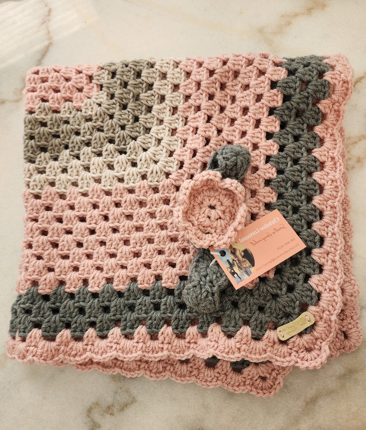 Baby Crocheted Blanket- Girls Pink/Gray w/ flower headband