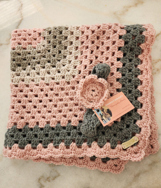 Baby Crocheted Blanket- Girls Pink/Gray w/ flower headband