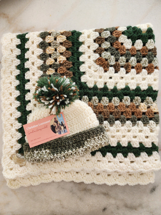 Baby Crocheted Blanket w/ hat- Boys Brown/Green/White