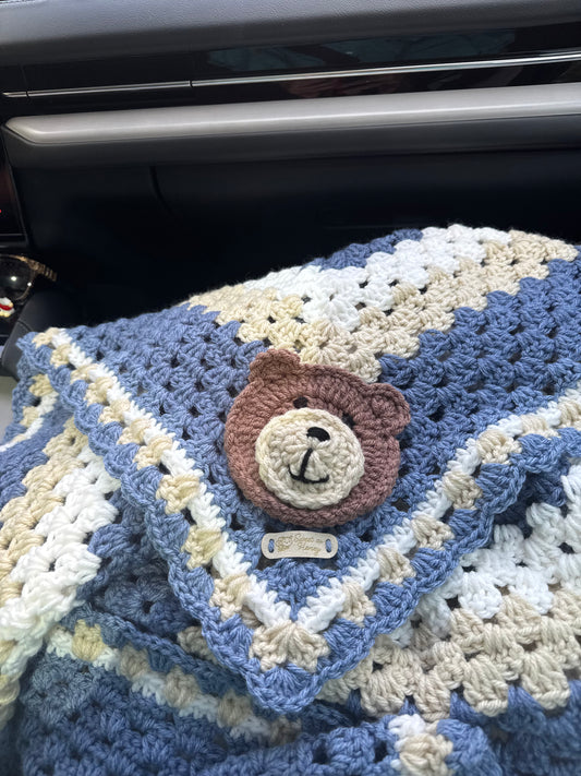 Crocheted Boys Blue & White Baby Blanket w/ Brown Bear
