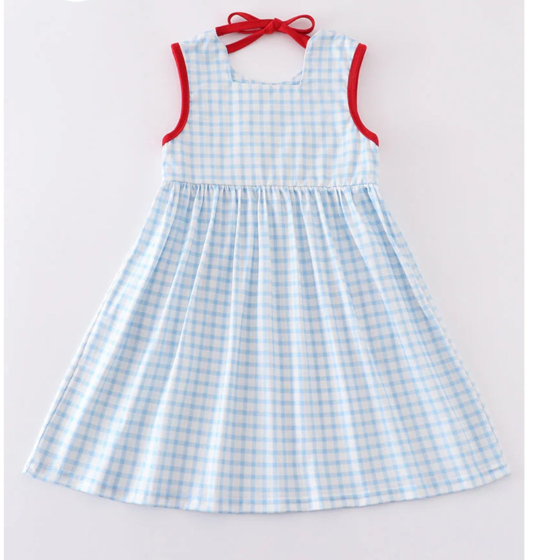 Patriotic Flag Embroidered Plaid Pocketed Girls Dress