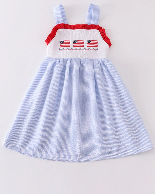 Girls Patriotic Embroidered Flag Seersucker Dress