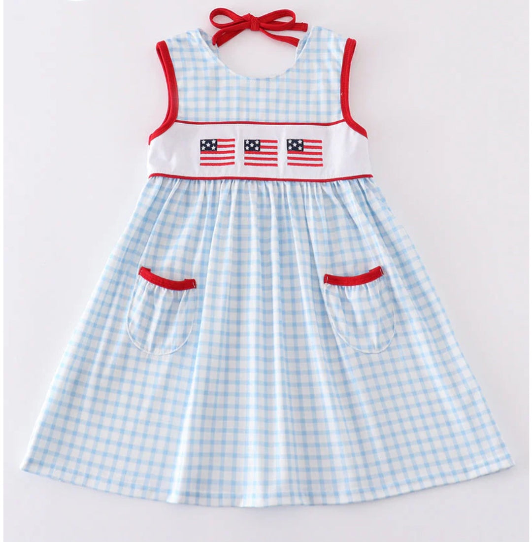Patriotic Flag Embroidered Plaid Pocketed Girls Dress