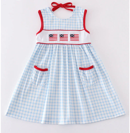 Patriotic Flag Embroidered Plaid Pocketed Girls Dress