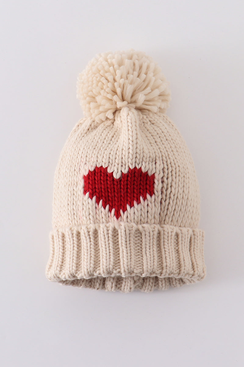 Cream Heart Hand Knit Pom Pom Beanie