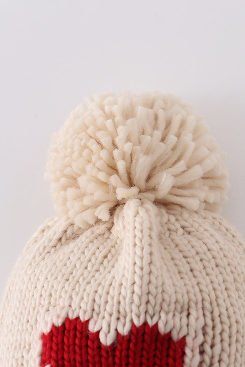 Cream Heart Hand Knit Pom Pom Beanie