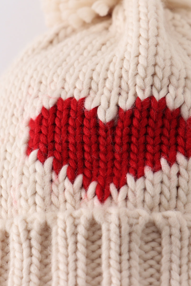 Cream Heart Hand Knit Pom Pom Beanie