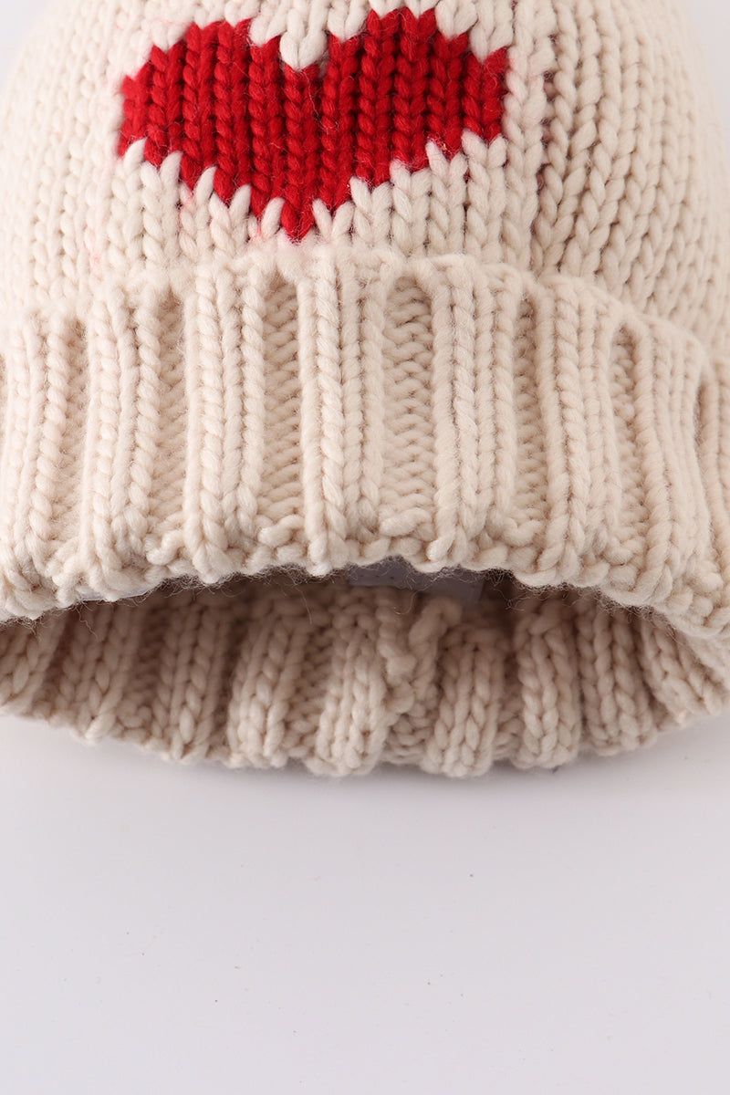 Cream Heart Hand Knit Pom Pom Beanie